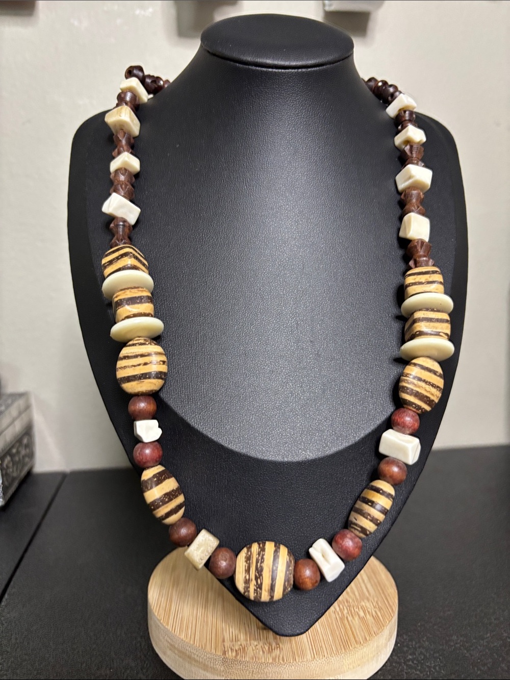 Handmade Brown and Cream Striped Wooden Bead Necklace